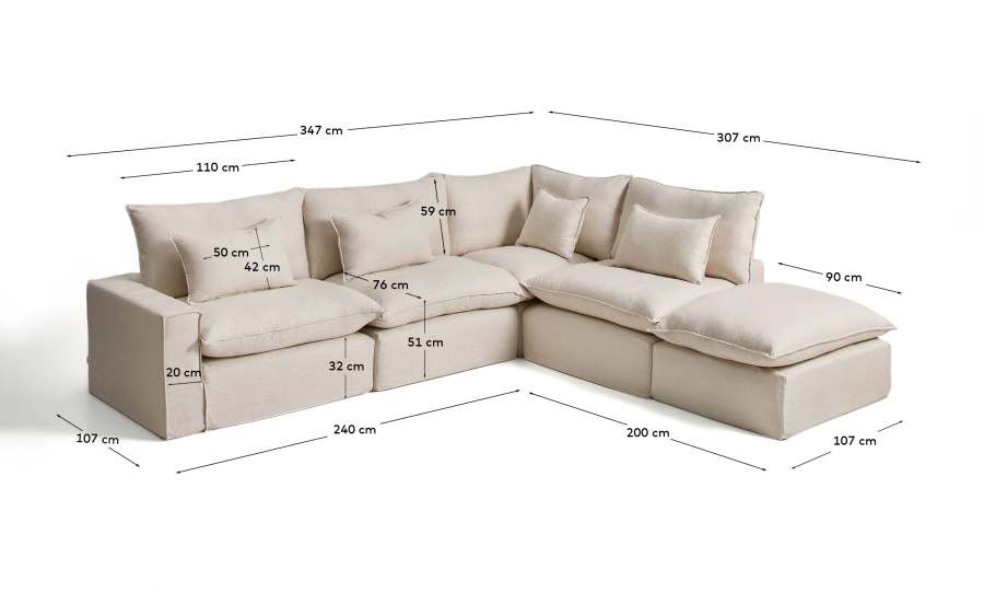 Anarela beige linen and viscose 6-seater modular corner sofa with removable cover 347 x 307 cm FSC Mix Credit