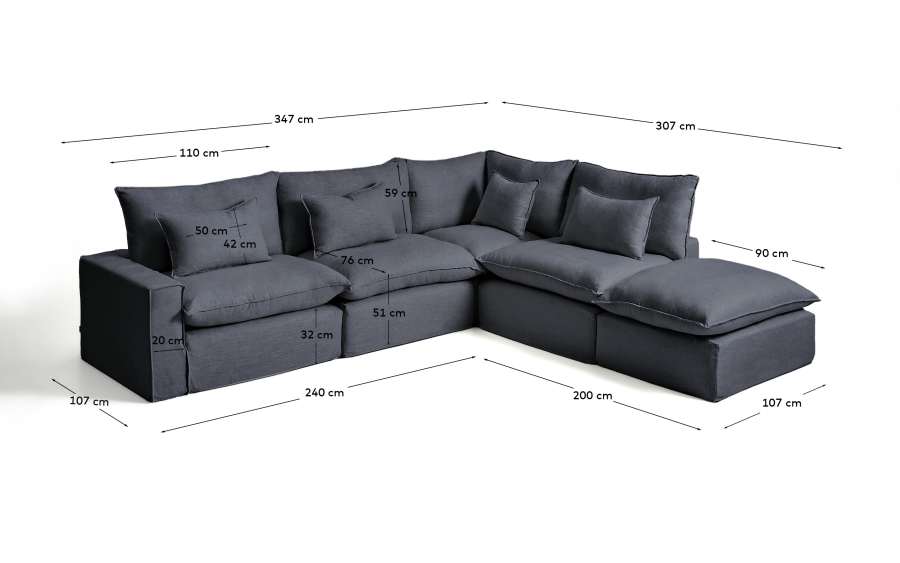 Anarela dark grey linen and viscose 6-seater modular corner sofa with removable cover 347 x 307 cm FSC Mix Credit