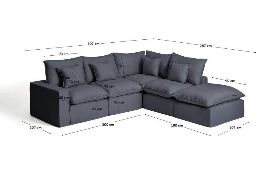 Anarela dark grey linen and viscose 4-seater modular corner sofa with removable cover 307 x 287 cm FSC Mix Credit