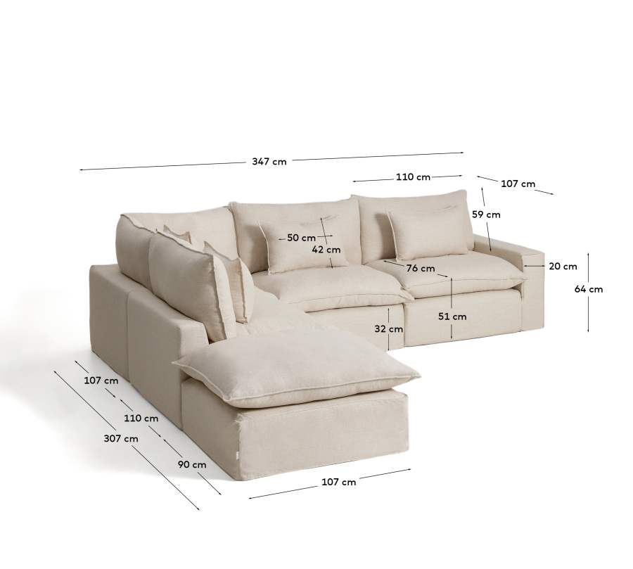 Anarela beige linen and viscose 6-seater modular corner sofa with removable cover 307 x 347 cm FSC Mix Credit