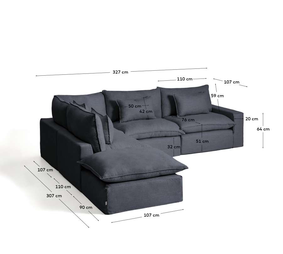 Anarela dark grey linen and viscose 6-seater modular corner sofa with removable cover 307 x 347 cm FSC Mix Credit