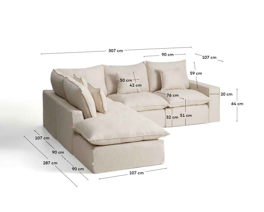 Anarela beige linen and viscose 4-seater modular corner sofa with removable cover 287 x 307 cm FSC Mix Credit