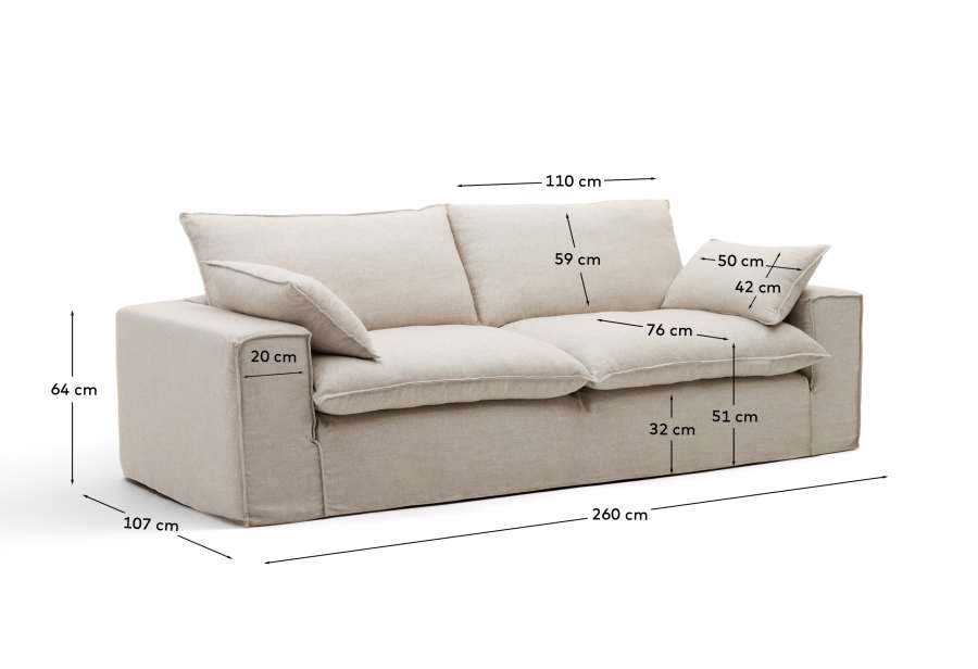 Divano sfoderabile Anarela 3 posti in lino e viscosa beige 260 cm FSC Mix Credit