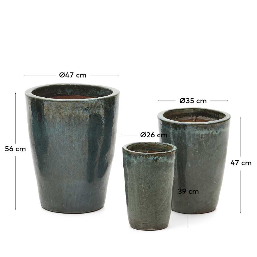 Rotja set of 3 terracotta planters with glazed blue finish Ø 26 / 35 / 47 cm
