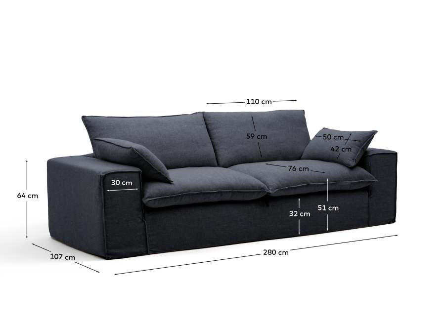 Divano sfoderabile Anarela 3 posti in lino e viscosa grigio scuro 280 cm FSC Mix Credit