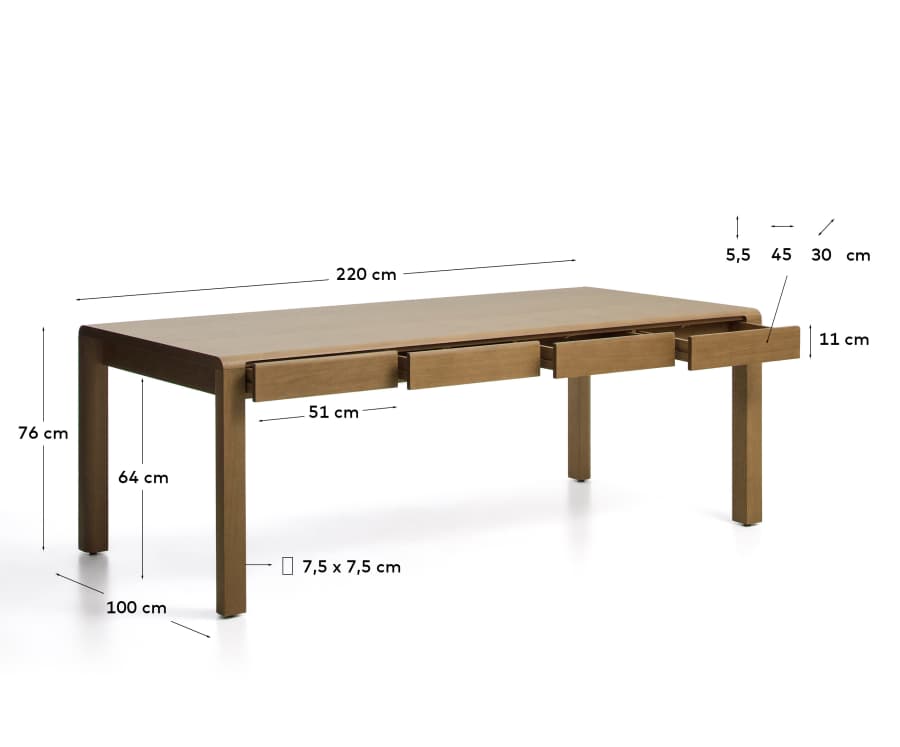Arelida table in oak veneer and solid oak wood with light brown finish 200 x 100cm