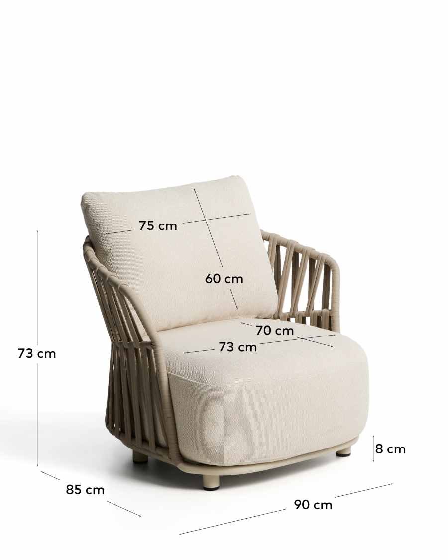 Osani armchair in ecru aluminium and taupe rope cord