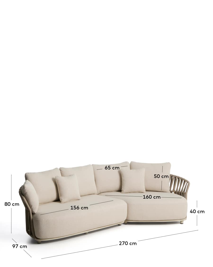 Osani 2-seater sofa and curved module in ecru aluminium and taupe rope cord 274cm
