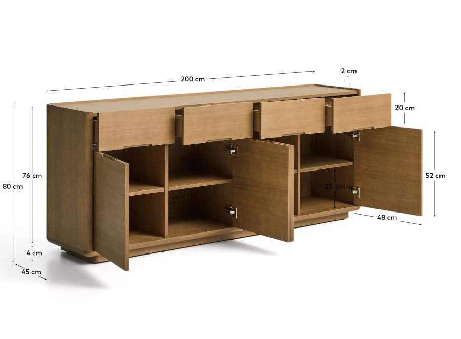 Arelida sideboard in oak veneer and solid oak wood with light brown finish 200 x 80 cm FSC Mix Credit