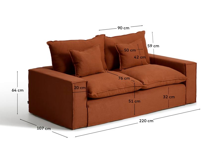 Anarela terracotta linen 2-seater sofa with removable cover 220 cm FSC Mix Credit