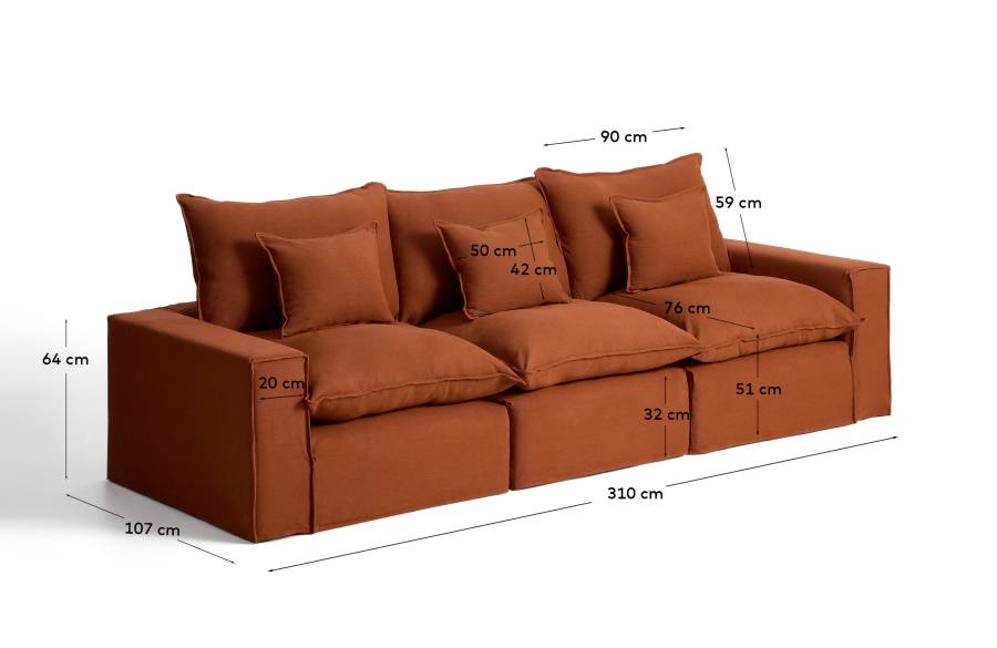 3-Sitzer-Modularsofa Anarela mit abnehmbarem Bezug aus Leinen in Terrakotta, 310 cm, FSC Mix Credit