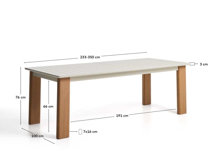 Table extensible Livorno en aluminium couleur écrue et pieds effet bois 233(350) x 100 cm