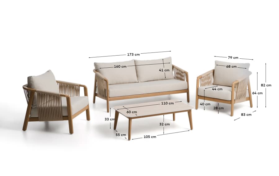 Sirte outdoor set with 3-seater sofa, 2 armchairs and aluminium table with wood-effect finish and ecru cushions
