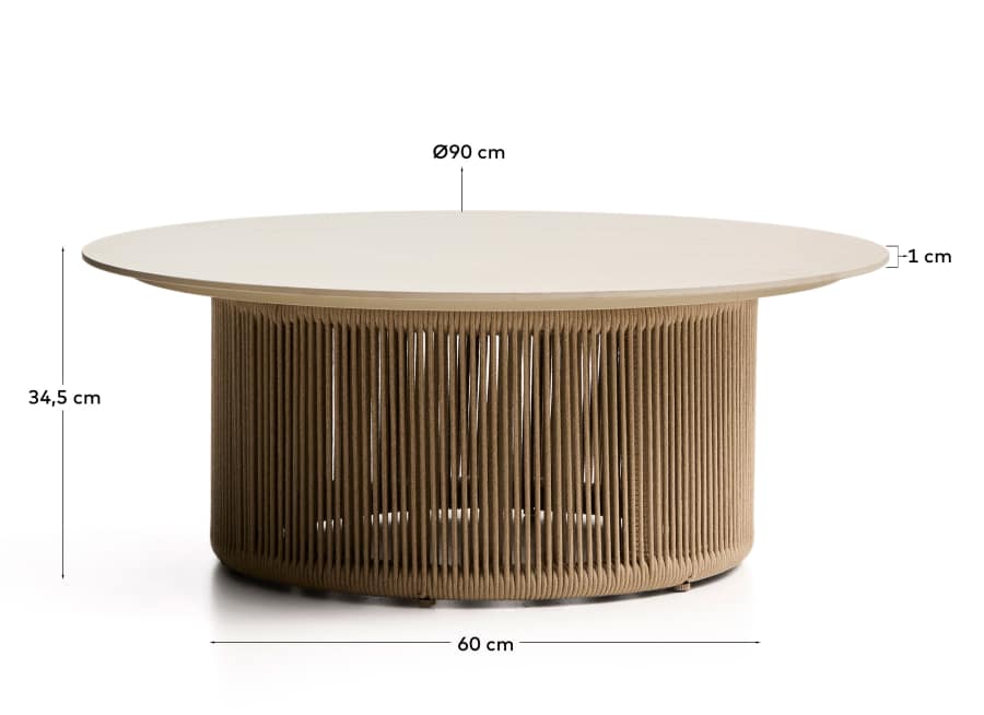 Τραπέζι σαλονιού εξωτερικού χώρου Orosei από συνθετική πέτρα, αλουμίνιο σε εκρού απόχρωση και μπεζ σκοινί Ø 90 εκ