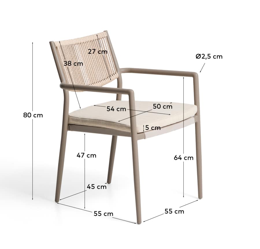 Argasi chair in taupe aluminium and beige synthetic rope cord