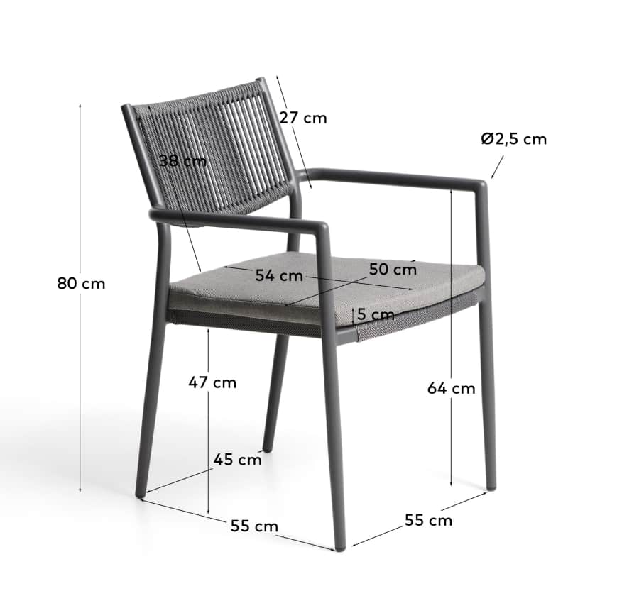 Argasi chair in graphite aluminium and dark grey synthetic rope cord