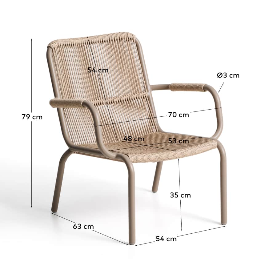 Salis stackable armchair in taupe aluminium and beige synthetic rope cord