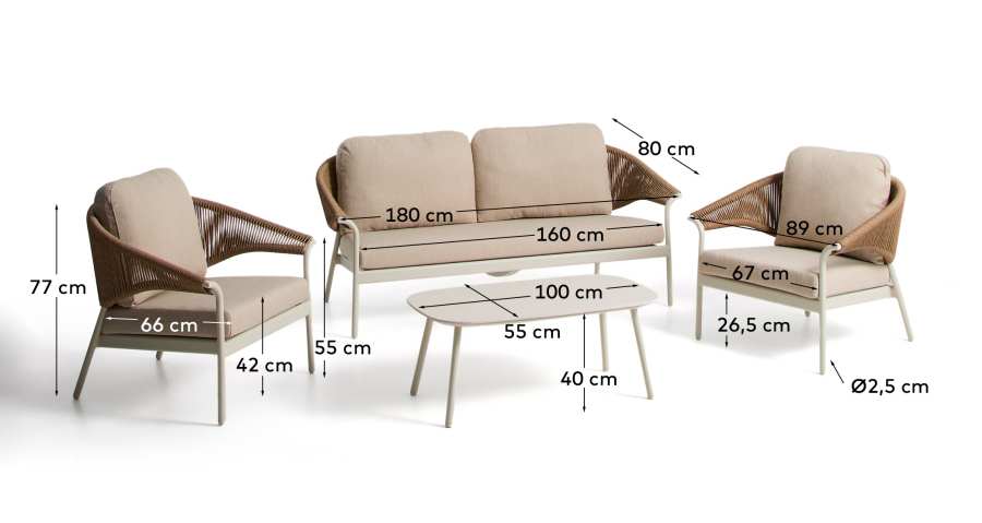 Set Zuara con divano 3 posti, 2 poltrone e tavolo da esterno in alluminio écru e corda sintetica marrone