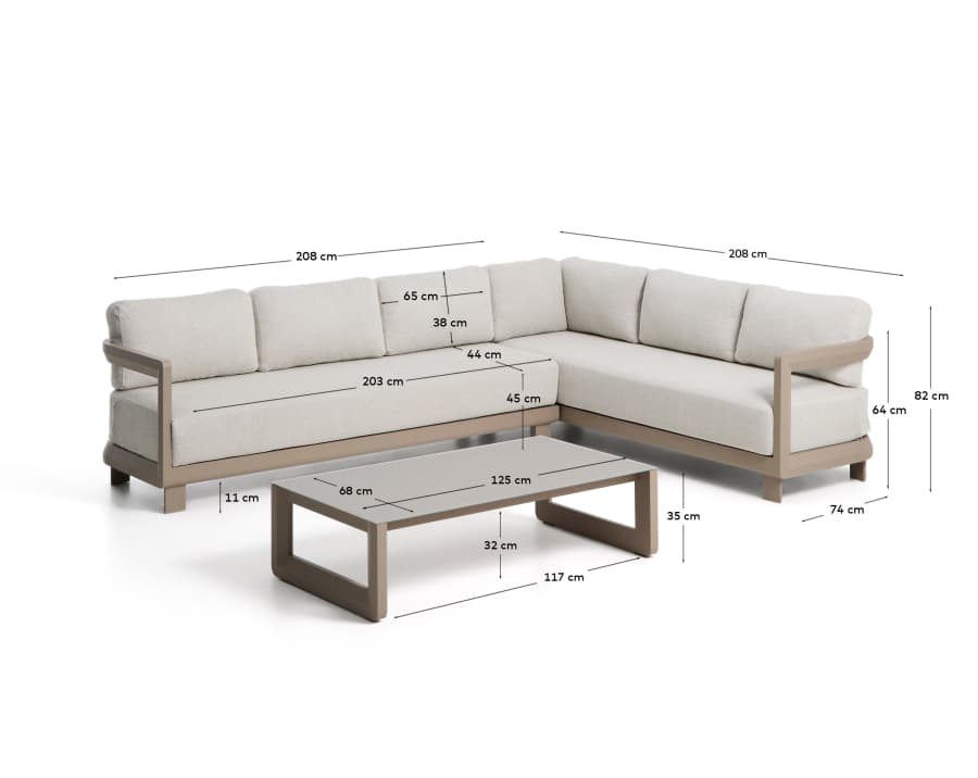 Nerano set with 5-seater corner sofa and coffee table in tempered glass and taupe aluminium