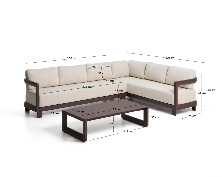 Nerano set with 5-seater corner sofa and coffee table in tempered glass and brown aluminium