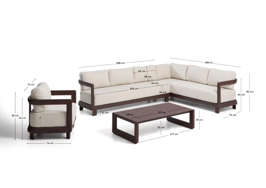 Nerano set with 5-seater corner sofa, armchair and coffee table in tempered glass and brown aluminium