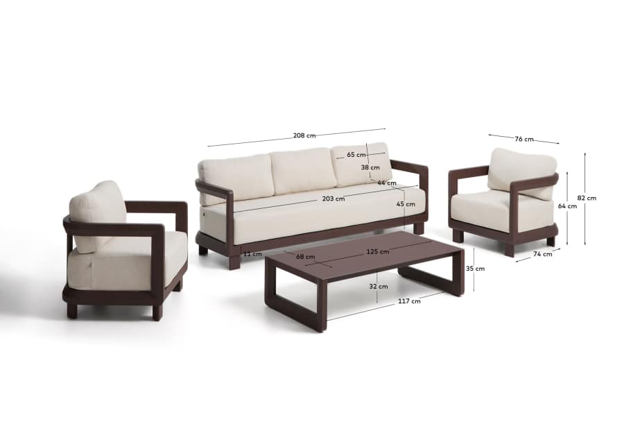 Nerano set with 3-seater sofa, 2 armchairs and coffee table in tempered glass and brown aluminium