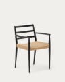 Krzesło Analy z podłokietnikami, z litego drewna dębowego, z czarnym wykończeniem i siedziskiem ze sznurka, FSC 100%