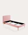 Dyla bed with removable cover in pink, with solid beech wood legs for a 90 x 190 cm mattress