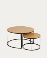 Set Yoana 2 mesas apoio de encaixar chapa de carvalho e metal pintado preto Ø80 cm/Ø 50 cm