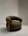 Granite fauteuil groene chenille en poten van massief essenhout in noten afwerking FSC 100%