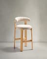 Granite stool made of beige chenille and solid ash wood with natural tone finish FSC 100% 75cm