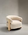 Granite fire-retardant armchair in beige chenille and solid ash wood with natural-coloured finish FSC 100%