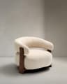 Granite fire-retardant armchair in beige chenille and solid ash wood with walnut-coloured finish FSC 100%