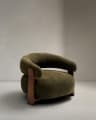 Granite fire-retardant armchair in green chenille and solid ash wood with walnut-coloured finish FSC 100%