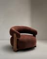 Granite fire-retardant armchair in brown chenille and solid ash wood with walnut-coloured finish FSC 100%