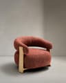 Granite fire-retardant armchair in terracotta chenille and solid ash wood with natural-coloured finish FSC 100%