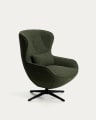 Sorile swivel armchair in dark green chenille and steel with black finish FSC 100%