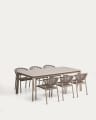 Set with Brela aluminium extendable table and 6 Livadia stackable chairs in taupe aluminium and synthetic rope cord 205(287) x 100cm