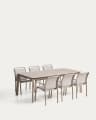Set with Brela extendable table in taupe aluminium and 6 Luri chairs in taupe aluminium and beige texteline 205(287)x100cm