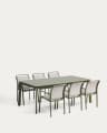 Set with Brela extendable table in green aluminium and 6 Luri chairs in green aluminium and beige texteline 205(287)x100cm