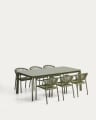 Set with Brela aluminium extendable table and 6 Livadia stackable chairs in green aluminium and synthetic rope cord 205(287) x 100cm