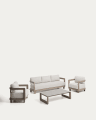 Nerano set with 3-seater sofa, 2 armchairs and coffee table in tempered glass and taupe aluminium