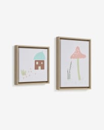Set Leshy aus 2 Bildern blaues Haus und rosa Pilz 30 x 30 cm / 30 x 40 cm