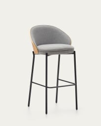 Eamy stool light grey chenilla and ash wood veneer with a natural finish and black metal, 75 cm