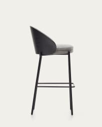 Eamy stool light grey chenille and ash wood veneer with a black finish and black metal, 75 cm