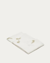Rond wit Masha-tafelkleed wit katoen linnen goudkleurig lurex bladborduursel Ø150cm