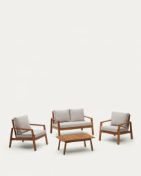 Ensemble Frares de canapé 2 places, 2 fauteuils et table basse en bois d'acacia