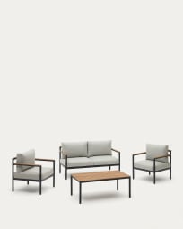 Aiguafreda Set 2-Sitzer-Sofa 2 Sesseln + Couchtisch Alu grau massives Akazienholz FSC 100%