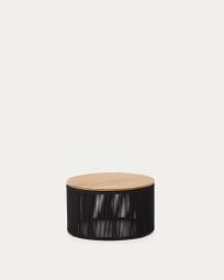 Couchtisch Dandara aus Stahl, schwarzem Flechtwerk und massivem Akazienholz Ø70 cm FSC 100%