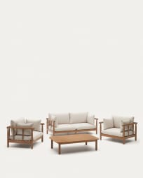 Set Sacova 2 Sesseln, 2-Sitzer-Sofa und Couchtisch massives Eukalyptusholz FSC 100%